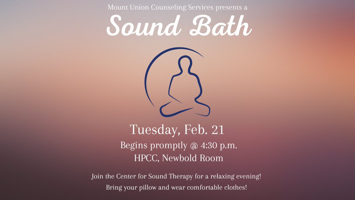 whattodoatmount's tweet photo. Spots are still open to join the Center for Sound Therapy in a relaxing afternoon of deep relaxation, reduced muscle tension, improved sleep, and more through this semester's sound bath!

Register ⬇️ 
https://t.co/jjMVU84gYV https://t.co/s4ZVuGaAJf