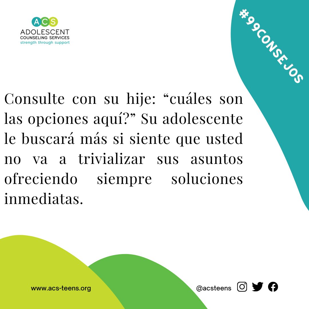 acsteens's tweet photo. #TuesdayTipsForTalkingWithYourTeenager #99tips #99consejos #acs #adolescentcounselingservices #mentalhealth #youthmentalhealth #counseling #depression #anxiety #substanceuse #oncampuscounseling #ASAT #communitycounseling #Outlet #nonprofit #breakthestigma #parenthood #adolescence https://t.co/Be2LExL5Sg