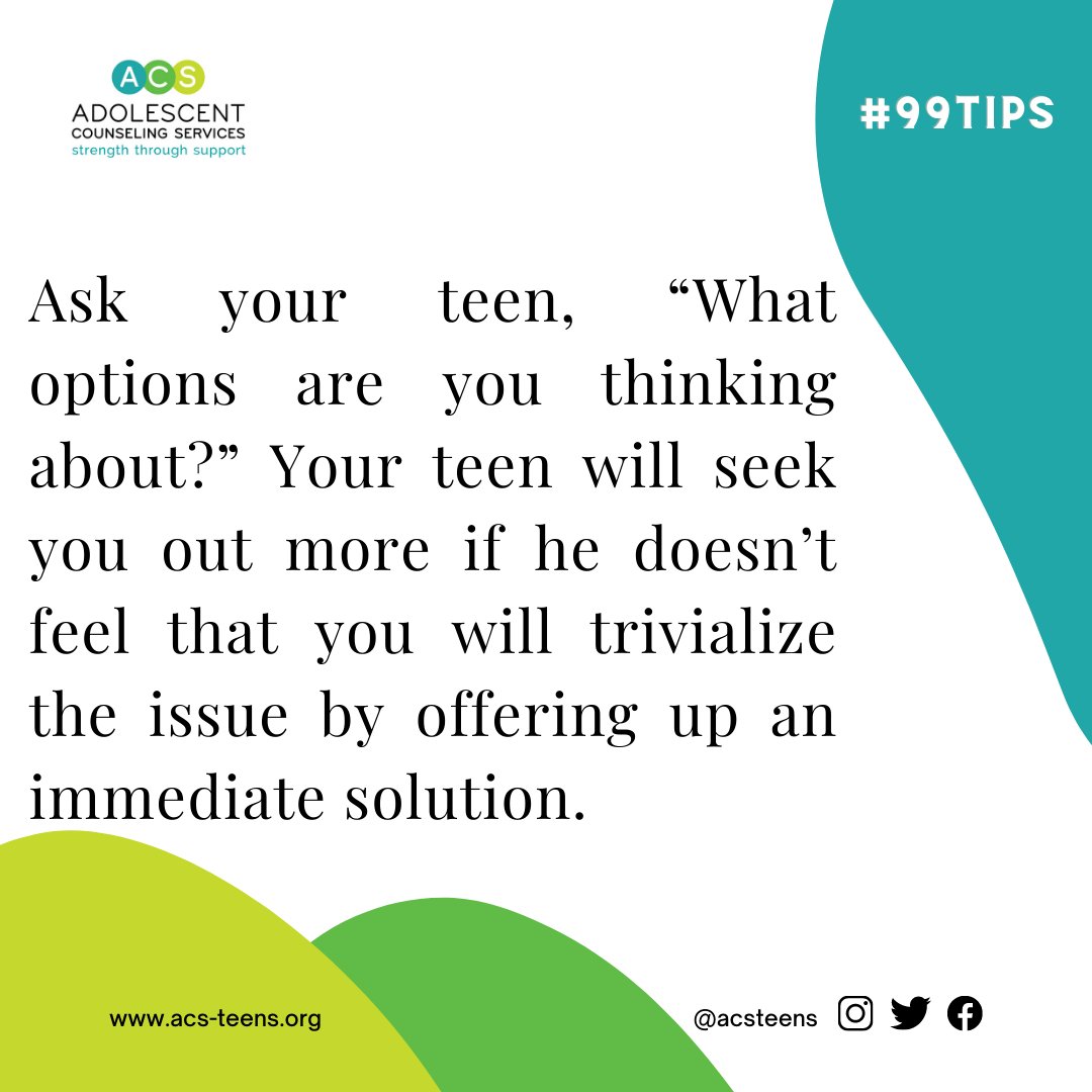 acsteens's tweet photo. #TuesdayTipsForTalkingWithYourTeenager #99tips #99consejos #acs #adolescentcounselingservices #mentalhealth #youthmentalhealth #counseling #depression #anxiety #substanceuse #oncampuscounseling #ASAT #communitycounseling #Outlet #nonprofit #breakthestigma #parenthood #adolescence https://t.co/Be2LExL5Sg
