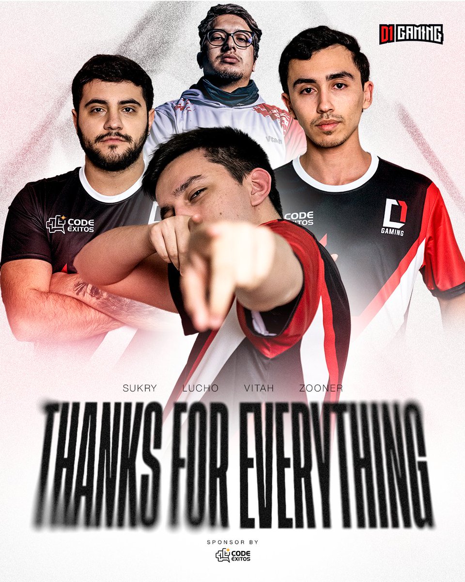 Debemos separar nuestros caminos y queremos agradecerles por haber dado todo hasta el último momento.

Deseamos la mayor de las suertes en sus futuros proyectos 💪🔥

<a href="/TheLucho201/">Lucho ✞</a> 
<a href="/AaronSukry/">Aaron🇨🇱</a> 
<a href="/Vitaah8/">Obed</a> 
<a href="/ZooNerUS/">Zooner 🇦🇷🧉🥩</a> 

Nos reencontraremos ♥️🤍🖤

Gracias Por Todo! #YouAreD1