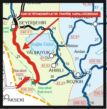 ⚠️⚠️#Seydişehir - Akseki arası  TIR ve çekicili araçlara kapatılmıştır.

#KarayollarındaSonDurum