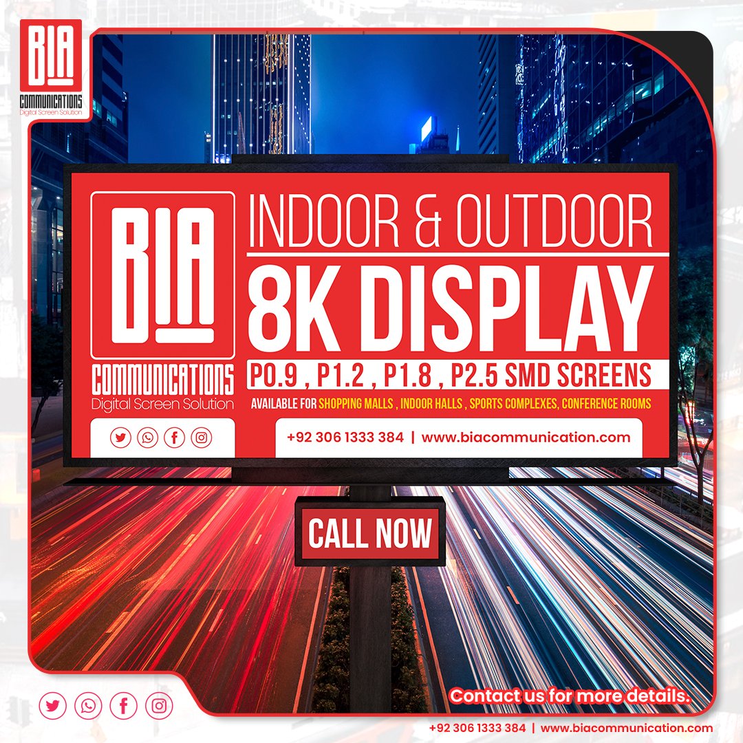 BIA_LED_SMD's tweet image. Indoor &amp;amp; Outdoor 8K Display
P0.9 , P1.2 , P1.8 , P2.5 SMD Screens
Available for Shopping Malls , Indoor Halls , Sports Complexes, Conference Rooms.
Order Now!

Indoor and outdoor SMD LED Display

*We are 24/7 available to solve technical issues

#videowalls
#smddisplay