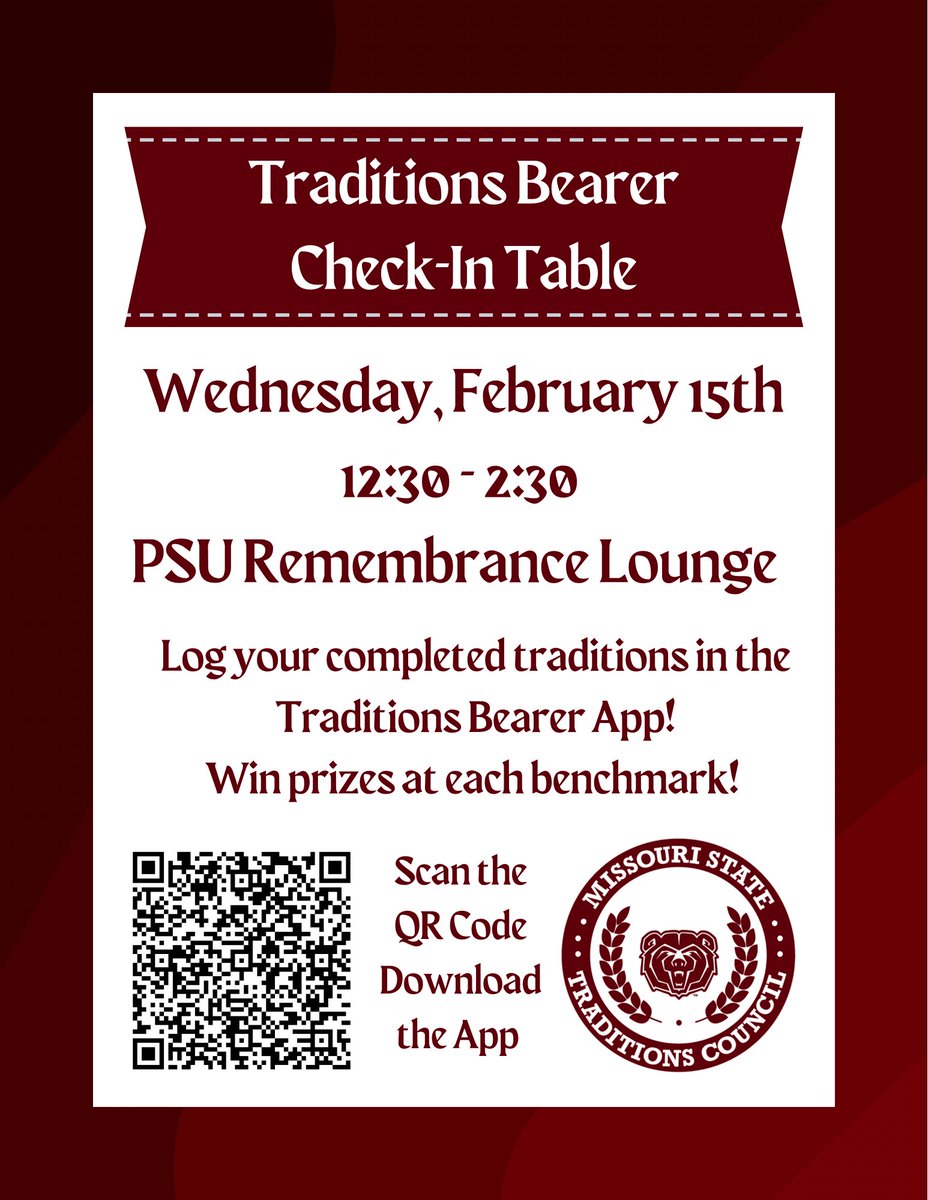Next Wednesday, February 15th! Come stop by the Traditions Bearer Table in the PSU Remembrance Lounge! 

You can check-in, earn your benchmark prizes and grab some food!