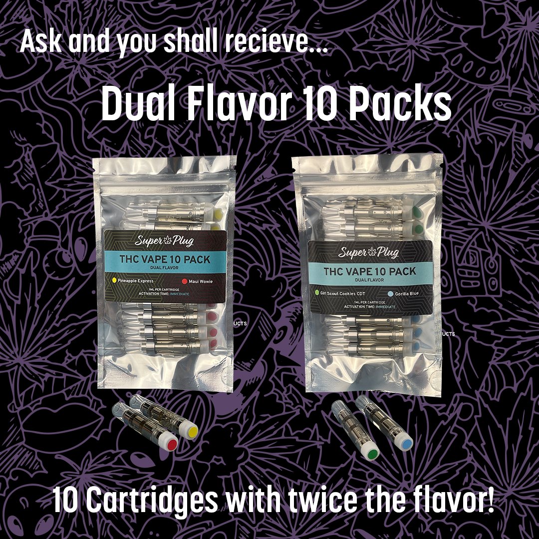 SuperPlugStore's tweet photo. We have been getting some requests and we have heard you loud and clear! Now available: Dual flavor 10 packs with 5 of each flavor! We also have launched our cartridge packs with two Cartridges! #SuperPlug #Delta8 #delta8cartridge #CBDProducts https://t.co/EMULnnOmsT