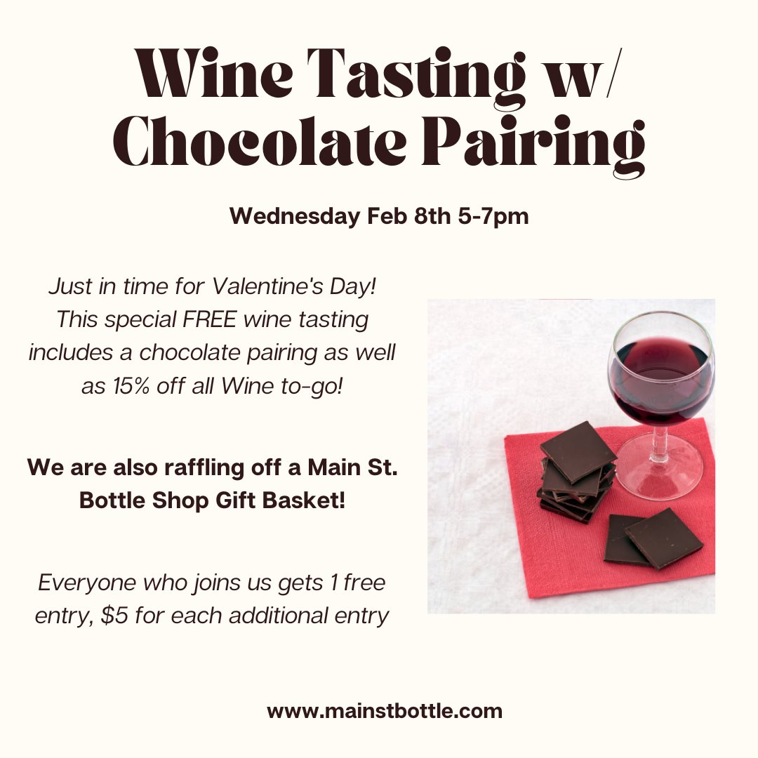 MainStBottle's tweet photo. TOMORROW! Our Pre-Valentines Day #WineDownWednesday is almost here. See you tomorrow at 5:00 https://t.co/VTSPYSMAZQ
