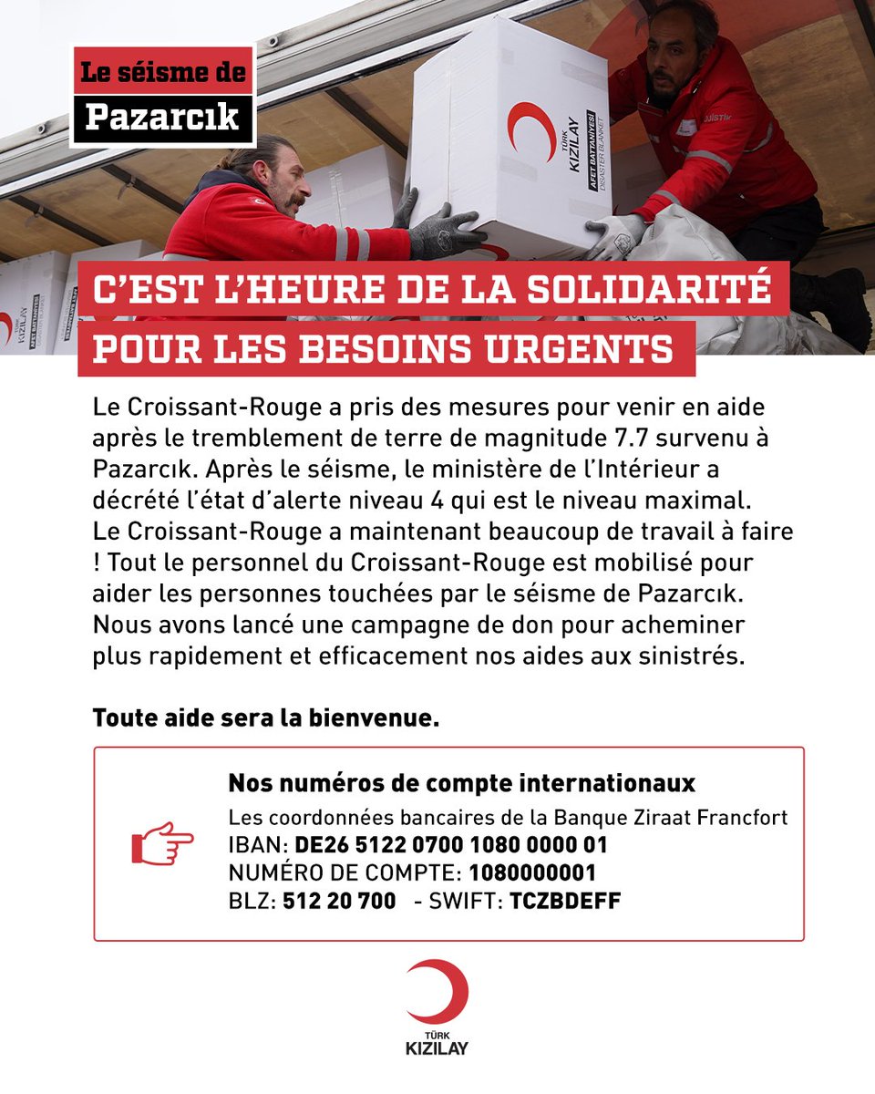 RedCrescent's tweet photo. 🟥 Le Croissant-Rouge a pris des mesures pour venir en aide après le tremblement de terre de magnitude 7.7 survenu à Pazarcık. #NotWithoutYou

Toute aide sera la bienvenue. 

🔗 https://t.co/7wLHQ4z2GS https://t.co/R9bXgylIP3