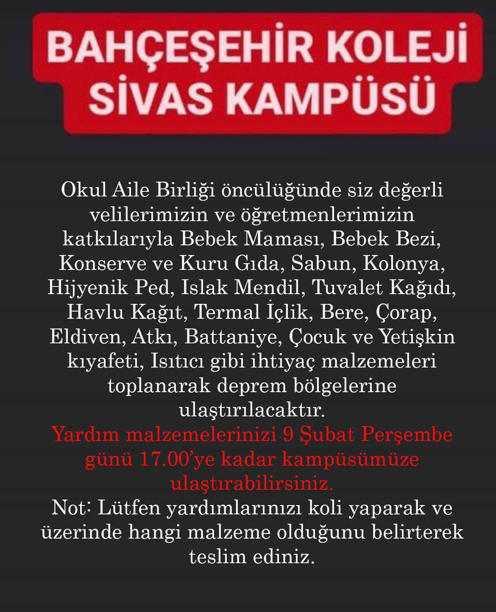 BahcesehirSivas's tweet photo. Değerli Bahçeşehir Koleji Sivas 4 Eylül kampüsü velilerimiz, geçirdiğimiz bu zor günlerde desteklerinizi bekliyoruz. 
#HepBeraberiz 
#BahcesehirKoleji https://t.co/WYcoUXFiwR