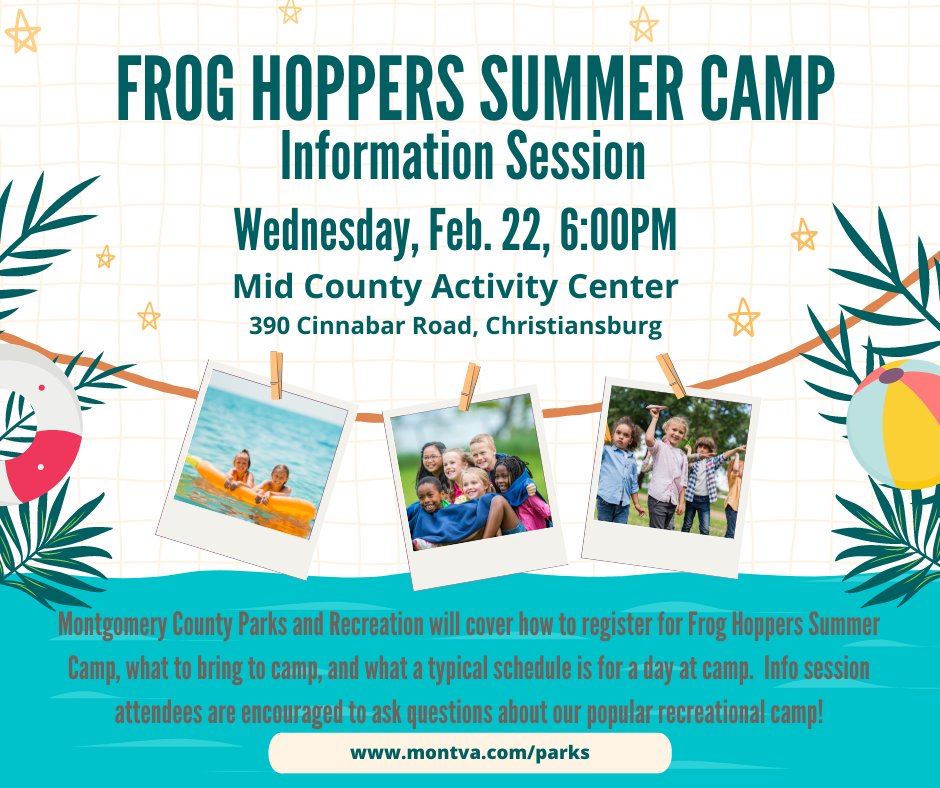 mcparksrec's tweet photo. Interested in Frog Hoppers Summer Camp? We are holding an information session on Wed, Feb 22 at 6 pm in the Mid County Activity Center (390 Cinnabar Rd). 
Learn how to register for camp, what to bring, what a typical day's schedule looks like, and more! Questions are encouraged! https://t.co/d7RlIiCAlf