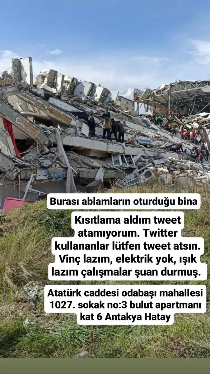 8 AYLIK HAMİLE BİR ANNE VE EŞİNE SAATLERDİR ULAŞAMIYORUZ. LÜTFEN GEREKEN NEYSE YAPIN ARTIK. 
Atatürk caddesi odabaşı mahallesi 1027. sokak no:3 bulut apartmanı Antakya Hatay <a href="/ahbap/">Ahbap</a> <a href="/haluklevent/">Haluk Levent ( Ahbap Ekibi )</a> <a href="/AFADBaskanlik/">AFAD</a> <a href="/merveirtgn/">Merve🎨</a> #deprem #hatayyardimbekliyor