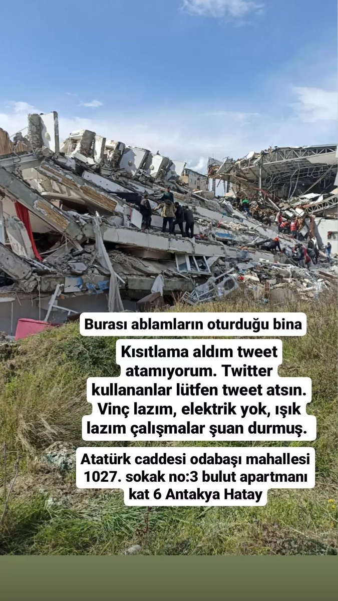 8 aylık hamile bir kadın ve eşi (sevil-mehmet kıraç) saatlerdir enkaz altında acil yardım lazım
<a href="/haluklevent/">Haluk Levent ( Ahbap Ekibi )</a> <a href="/OguzhanUgur/">Oğuzhan Uğur</a> <a href="/BabalaTv/">BaBaLa TV</a> <a href="/AFADBaskanlik/">AFAD</a> <a href="/ahbap/">Ahbap</a> <a href="/merveirtgn/">Merve🎨</a> #hatayyardimbekliyor