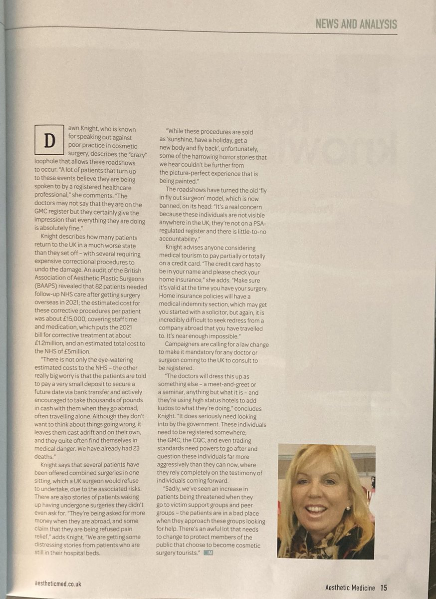 So humbled to see my article in  Aesthetic Medicine Magazine highlighting Cosmetic Surgery Tourism Roadshows &amp; exploitation of loopholes in the law 2 more deaths this year sadly 24 DEAD since 2019. Its time government addressed this <a href="/FeryalClark/">Feryal Clark MP</a> @KevanJonesMP <a href="/wesstreeting/">Wes Streeting</a>