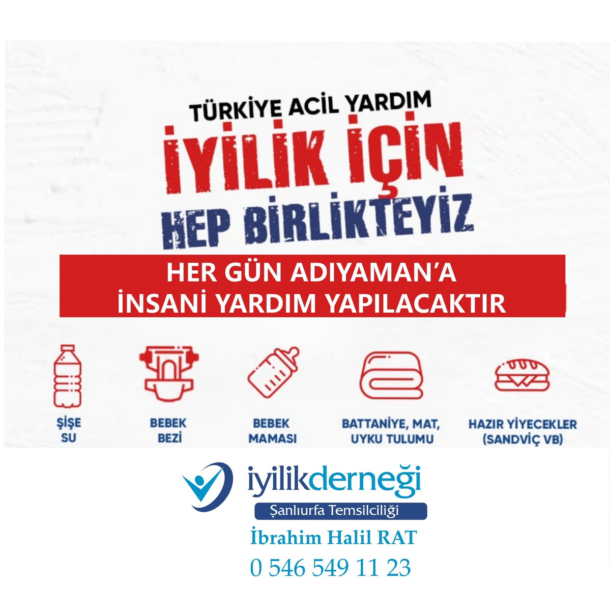 AFAD koordinesinde her gün Adıyaman'a bir tır insani yardım göndermeyi planlamaktayız. Acil ihtiyaçlar su, battaniye, ekmek, çadır, bebek malzemeleridir. Ayni ve Nakdi yardımlarınız için 0546 549 11 23 numarası ile iletişime geçebilirsiniz. <a href="/iyilikdernegi/">İyilik Derneği</a> <a href="/der_sanl/">Şanlıurfa İnsan-Der</a>