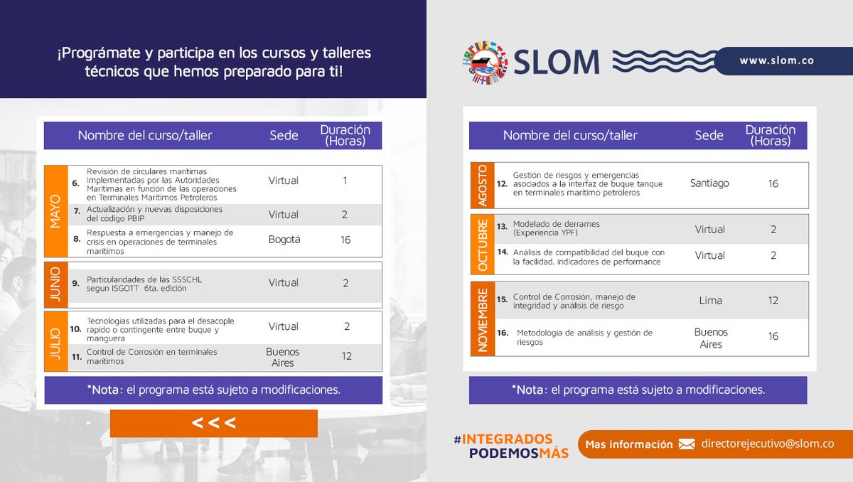 Reserva tu agenda desde ya y haz parte del ciclo de Talleres Virtuales y cursos presenciales en la región del más alto nivel, que hemos preparado desde SLOM para la comunidad marítimo petrolera.

¡Te esperamos!

#IntegradosPodemosMás