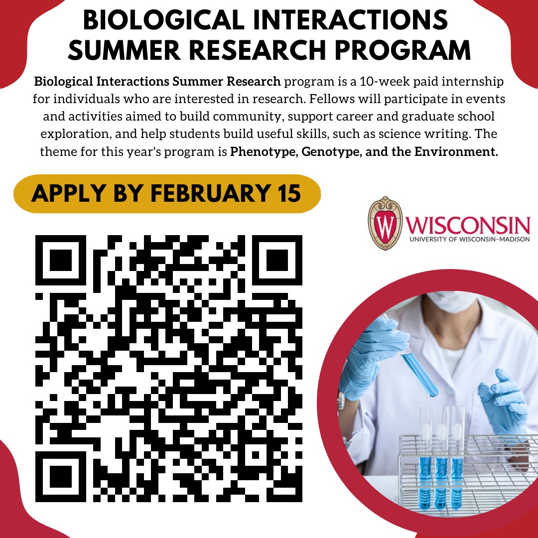The University of Wisconsin's Biological Interactions Summer Research Program is a paid fellowship that allows students to improve research skills and gain career training for research and other related fields. Apply by February 15