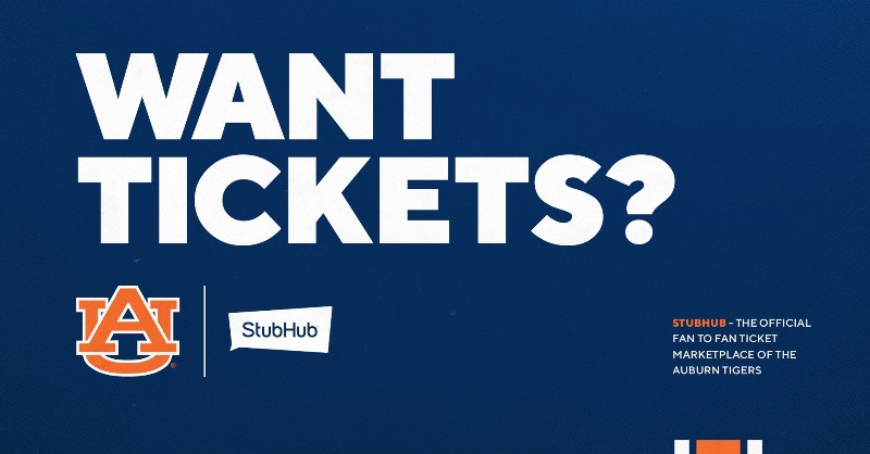 AuburnTigers's tweet photo. Looking for tickets to see @AuburnMBB? 

RT this post AND sign up below for your chance to win ✌️ free tickets, courtesy of @Stubhub!

StubHub is the OFFICIAL fan to fan marketplace of the Auburn Tigers. 

#WarEagle