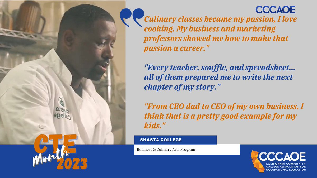 CCCAOE's tweet photo. Today's CTE Month 2023 Success Story: Shasta College, Business &amp; Culinary Arts Program

Take a look at the full story: https://t.co/iTRE6uYPtv

#CTEmonth2023 #socialandeconomicmobility #CTE #HigherEducation #WorkforceSuccess #educationispower #Careers4all #SupportCCCeducation https://t.co/YjF9OQDwzn