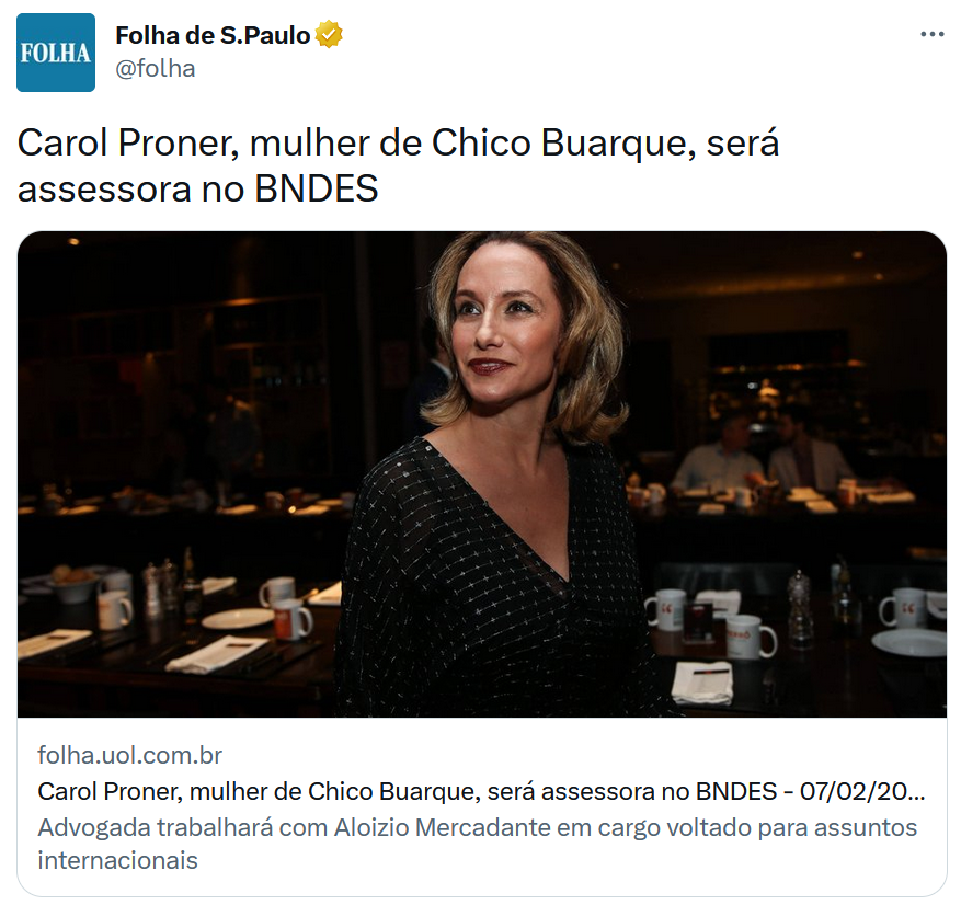 Corrigindo: Carol Proner, doutora em direito internacional, professora da UFRJ e pesquisadora visitante na École des hautes études en sciences sociales, é alvo de machismo da @folha, jornaleco de quinta categoria tentando atacar o governo.