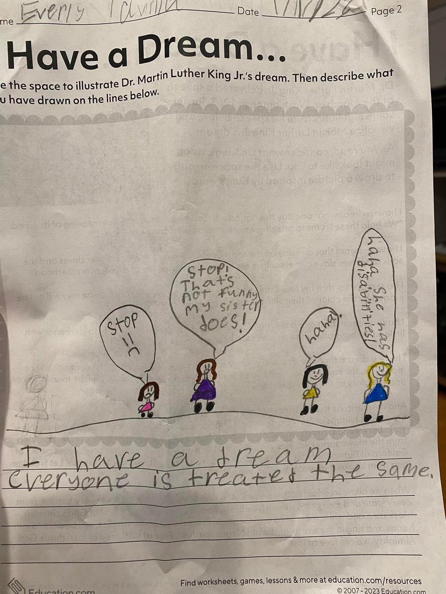 4th grade assignment near MLK day: What’s your dream. See photo for answer from sister to a girl with SYNGAP1, a rare genetic NDD. #SYNGAP1 <a href="/cureSYNGAP1/">CURE SYNGAP1 aka SynGAP Research Fund 501(C)(3)</a> #RareDiseases #Rdd