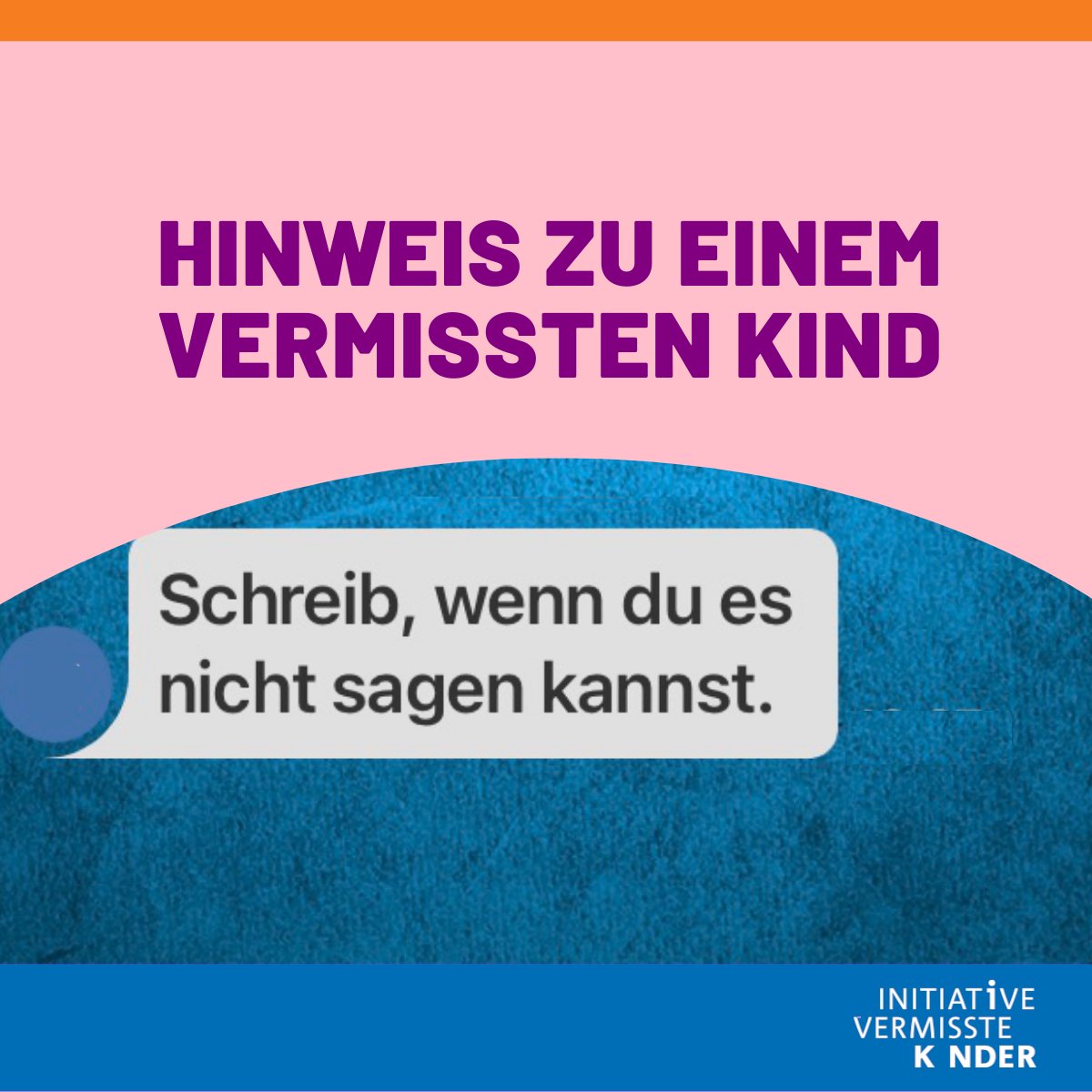 Die Aktion
Schreib, wenn du es nicht sagen kannst.

Weitere Infos:
initiative-vermisste-kinder.de/schreib-wenn-d…

#vermisst #Kinder #hinweise #helfen #vermisste #Kinder #finden