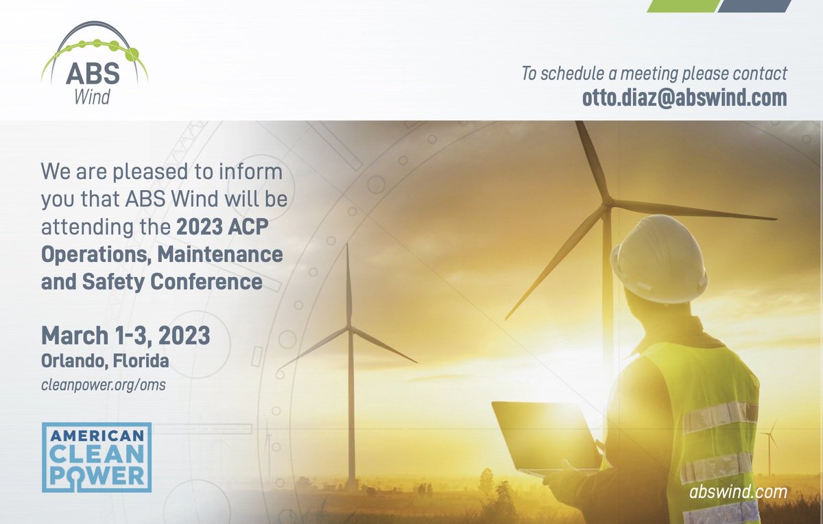 AbsWind's tweet photo. We are happy to inform you that the @AbsWind team will be in Orlando, Florida, on March 1–3, 2023, for the @USCleanPower Operations, #Maintenance, and Safety Conference. This is a vital event for #ABSWind and the entire U.S. #wind sector #windturbine https://t.co/ZZXRJKZYVV