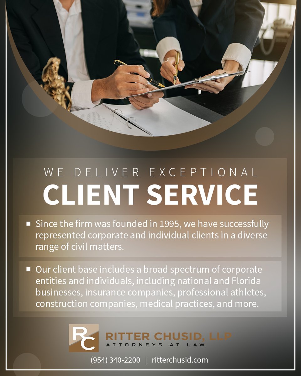 In our 25+ yrs of practice as a law firm, our trial lawyers have cultivated a reputation of excellence that has made Ritter Chusid, LLP one of the most well-respected law firms in South Florida. Call today to schedule your consultation! #SouthFloridaLawyer #SouthFloridaAttorney