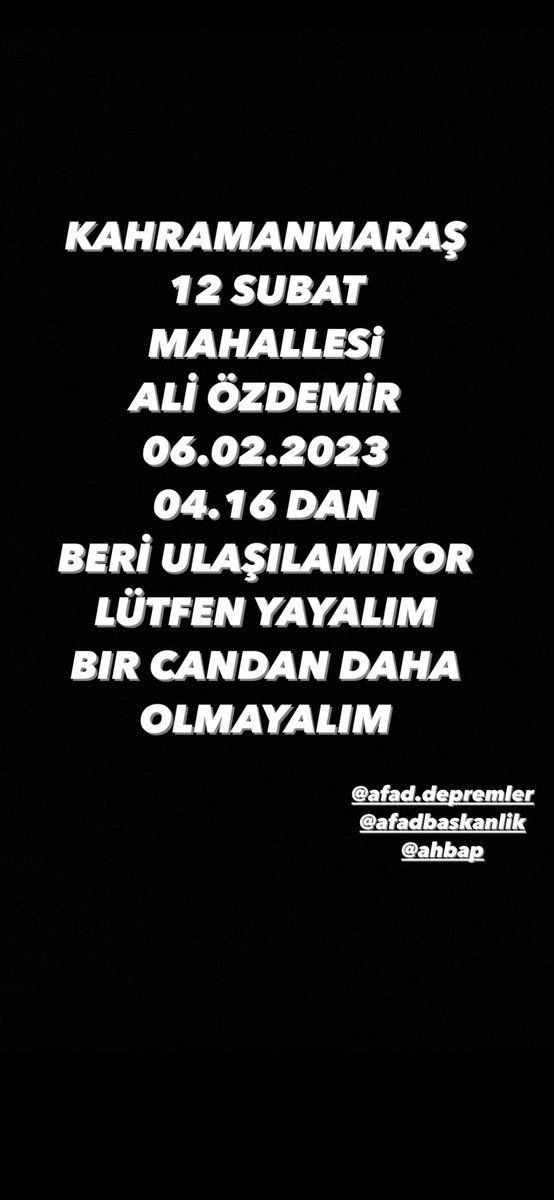 Acil!
#deprem #kahramanmaraş #afad #özgürdemirtaş <a href="/haluklevent/">Haluk Levent ( Ahbap Ekibi )</a> <a href="/OguzhanUgur/">Oğuzhan Uğur</a>