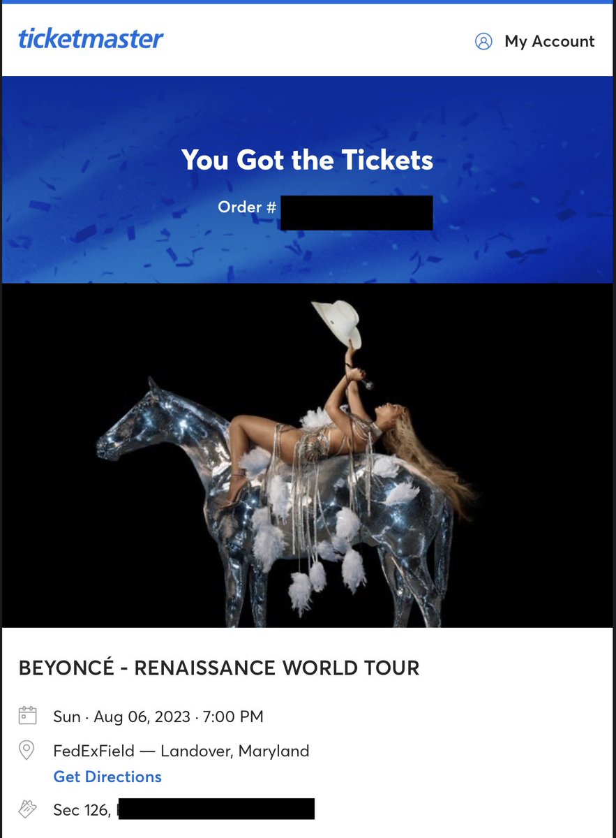 GUESS WHO GOT TICKETS TO SEE BEYONCE???!!! 💁🏼‍♀️

I was originally waitlisted, so I assumed I had no chance. Then, I got that “your turn!” text from Ticketmaster this afternoon! #RENAISSANCEWorldTour #CitiPresale