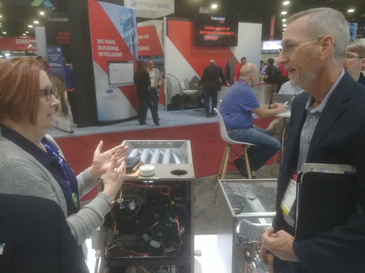 So much new product activity at @ahrexpo is being driven by the #InflationReductionAct. Here, Regan Axtell of @johnsoncontrols explains to @HPACEng's Mike Eby the major impact the eco-friendly IRA 25c Tax Credit will likely have on the 2023 market. Stay tuned! #AHRExpo2023