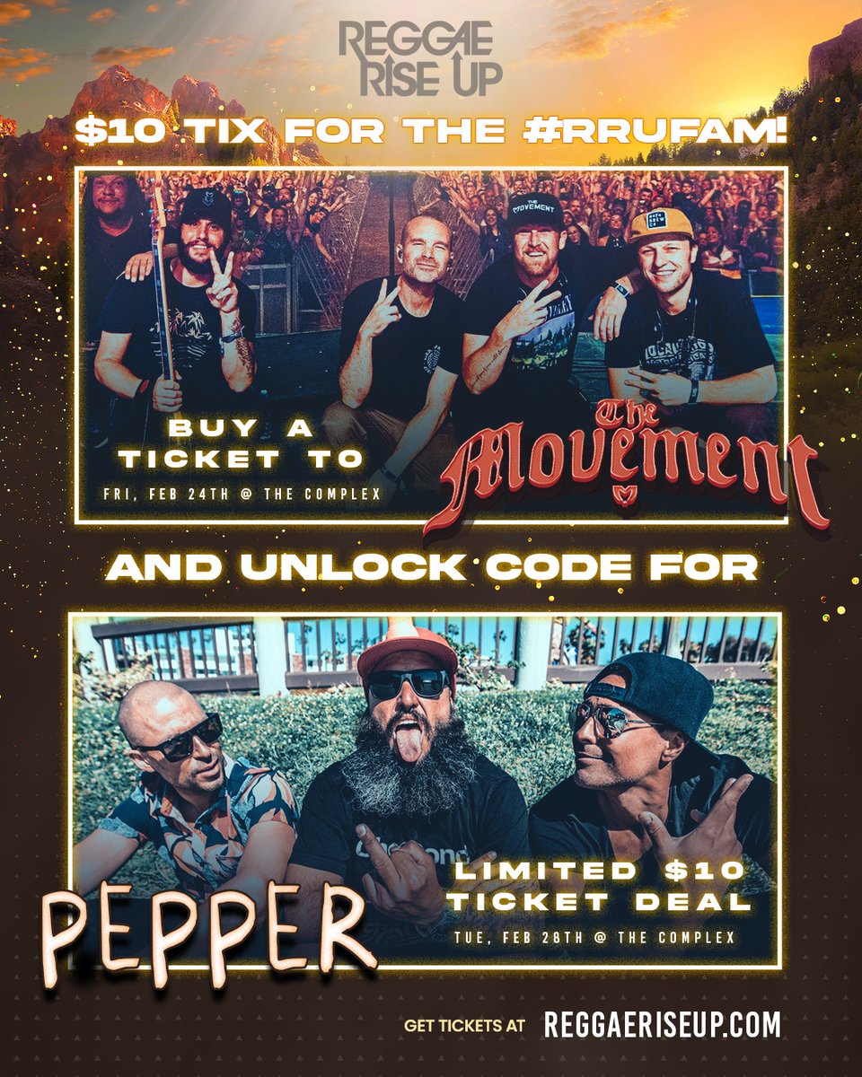 ReggaeRiseUp's tweet image. 2 WEEKS🌶️ @PepperLive will be in SLC FEB 28TH!

🔥Buy a ticket to @TheMovementVibe, get access to buy $10 Pepper tickets! Just check your confirmation email for your code😎 

🎶 Tickets at ReggaeRiseUp.com

#Pepper #TheMovement #ComplexSLC