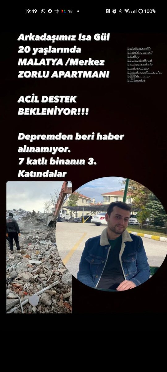 malatya merkez mah. zorlu apartmanı.
kayısı heykeli ve eski akp ilçe binası etrafında.
şile pazarı bölgesi.
Depremin başından beri haber alınamıyor lütfen yardım edin 
<a href="/AFADBaskanlik/">AFAD</a> <a href="/ahbap/">Ahbap</a> <a href="/tanjuozcanchp/">Tanju ÖZCAN</a> <a href="/rasimozdemir14/">rasimözdemir</a> <a href="/OguzhanUgur/">Oğuzhan Uğur</a> <a href="/haluklevent/">Haluk Levent ( Ahbap Ekibi )</a> <a href="/BabalaTv/">BaBaLa TV</a> <a href="/Kizilay/">Türk Kızılay</a>