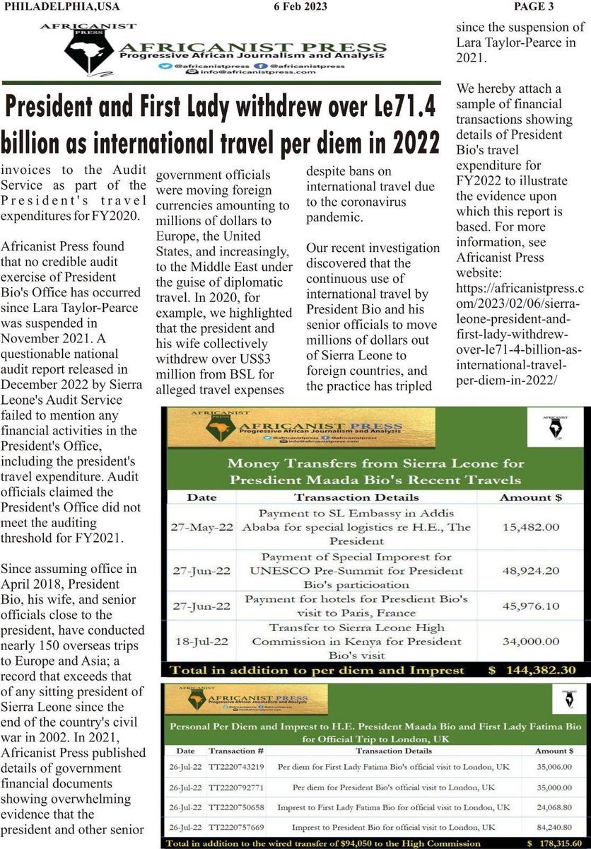 Gibril09225008's tweet photo. @PresidentBio @APRMorg @_AfricanUnion #AfricanistPress found that no credible audit exercise of President Bio’s Office has occurred since #SierraLeone’s auditor general Lara Taylor-Pearce was suspended in November 2021. https://t.co/CF63XnZZM6
