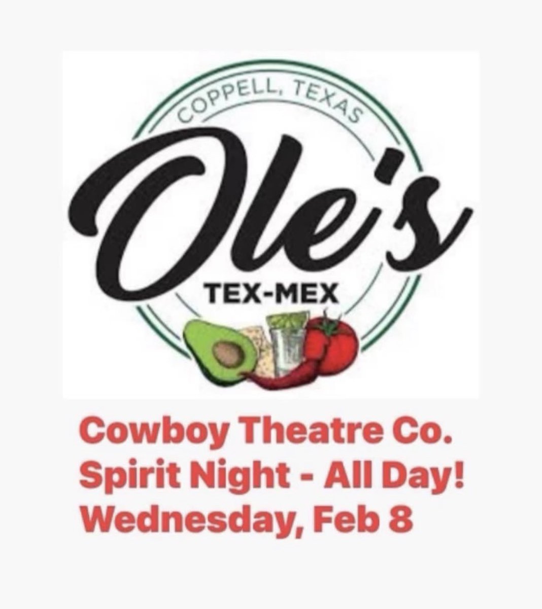 Stop by OLE’S tomorrow at any time of the day and enjoy one of the hottest Tex-Mex places in Coppell while supporting our program! Let Ole’s know you’re with CHS Theatre for tomorrow’s SPIRIT NIGHT and we’ll receive a fraction of the proceeds!