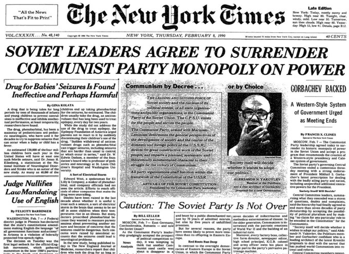 TammiMinoski's tweet image. #OTD 1990: Soviet President #MikhailGorbachev proposed that the Communist Party give up its monopoly on power and accept competing parties in a transformation of the country's political system. washingtonpost.com/archive/politi… #RussianHistory #ColdWarHist
