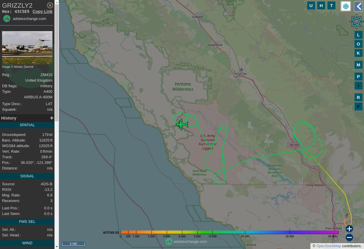Radar_Assistant's tweet image. MULTI ADSBX MANOEUVRING ALERT : At time Wed Feb  8 00:15:30 2023 #GRIZZLY2 was likely to be manoeuvring at FL116 10nm from HGT Hunter_Liggett_NDB_US
 near Monterey County, CAL Fire Southern Region, Califor #AvGeek #ADSB globe.adsbexchange.com/?icao=43C5E9&amp;amp;z…