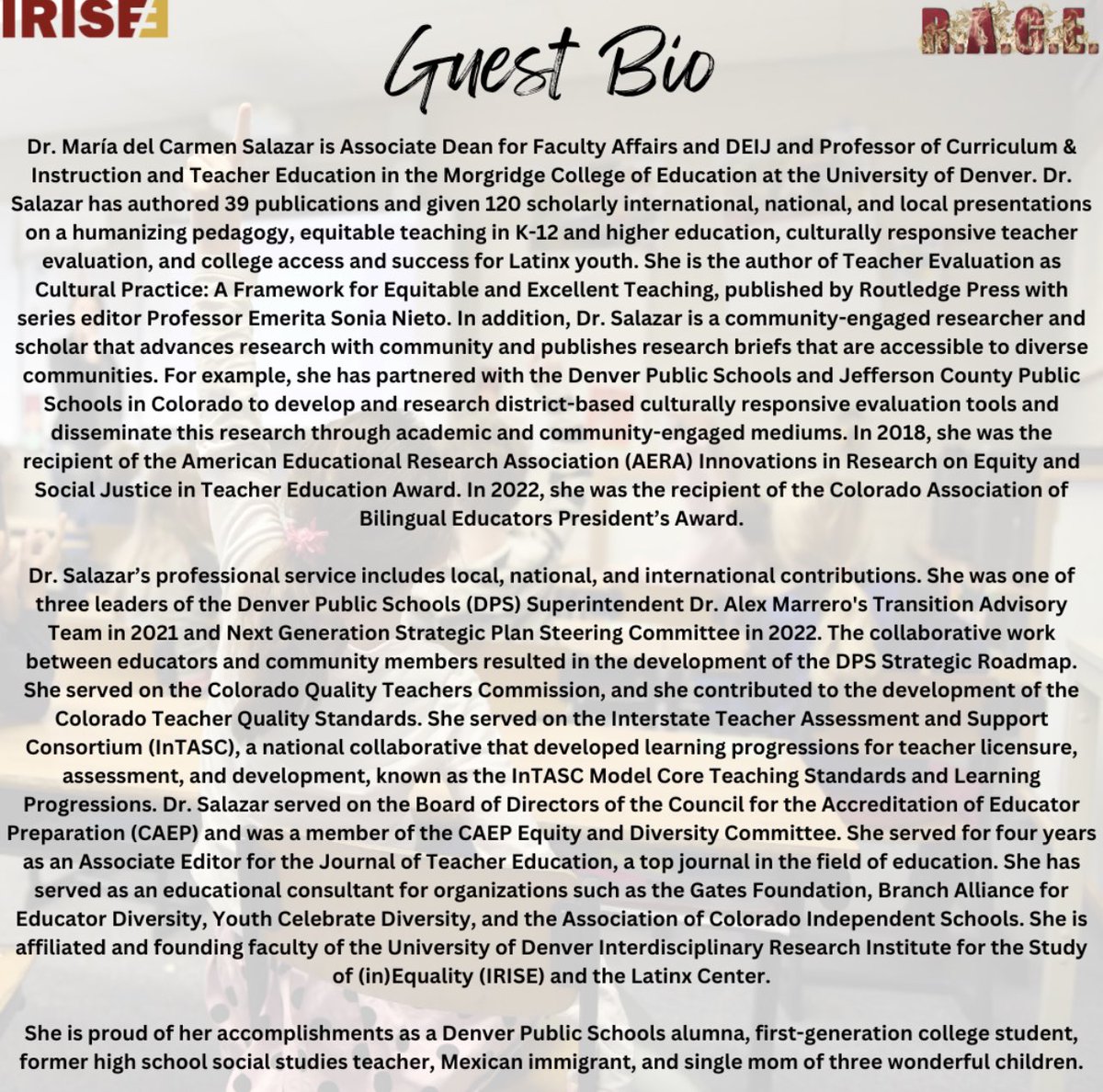 🎙New Episode Alert🎙Listen to the latest episode of The R.A.G.E. Podcast now at theragepodcast.com or IRISE RAGE on podbean, Apple podcasts, and Google Podcasts! Read more about Dr. María del Carmen Salazar down below.

R.A.G.E. information:
linktr.ee/TheRagePodcast