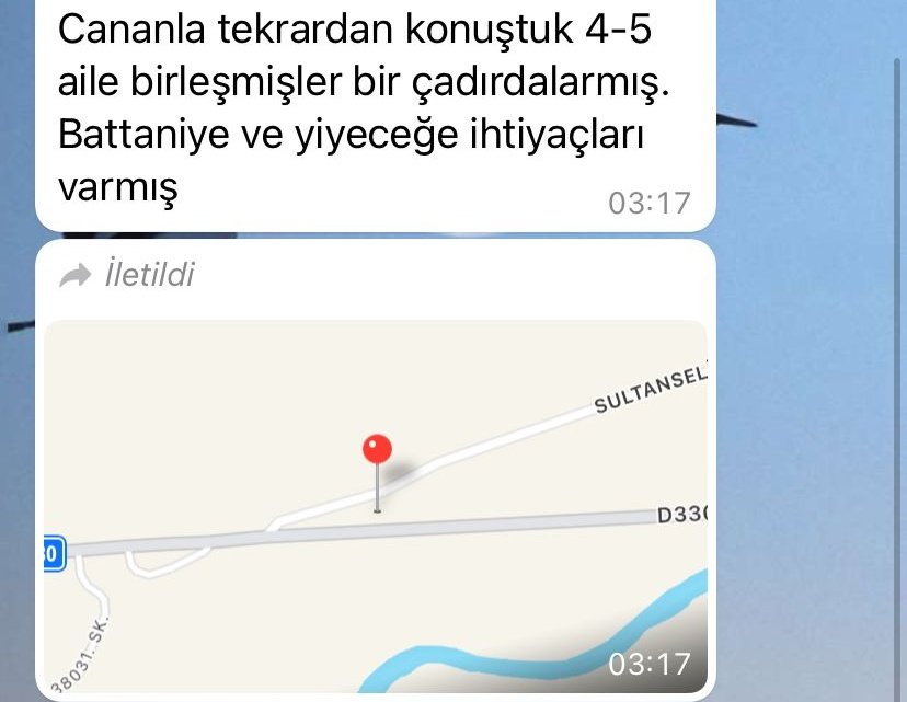 ACİL ERZAK VE BATTANİYE İHTİYACI!

Izgın, 46300 Elbistan/Kahramanmaraş