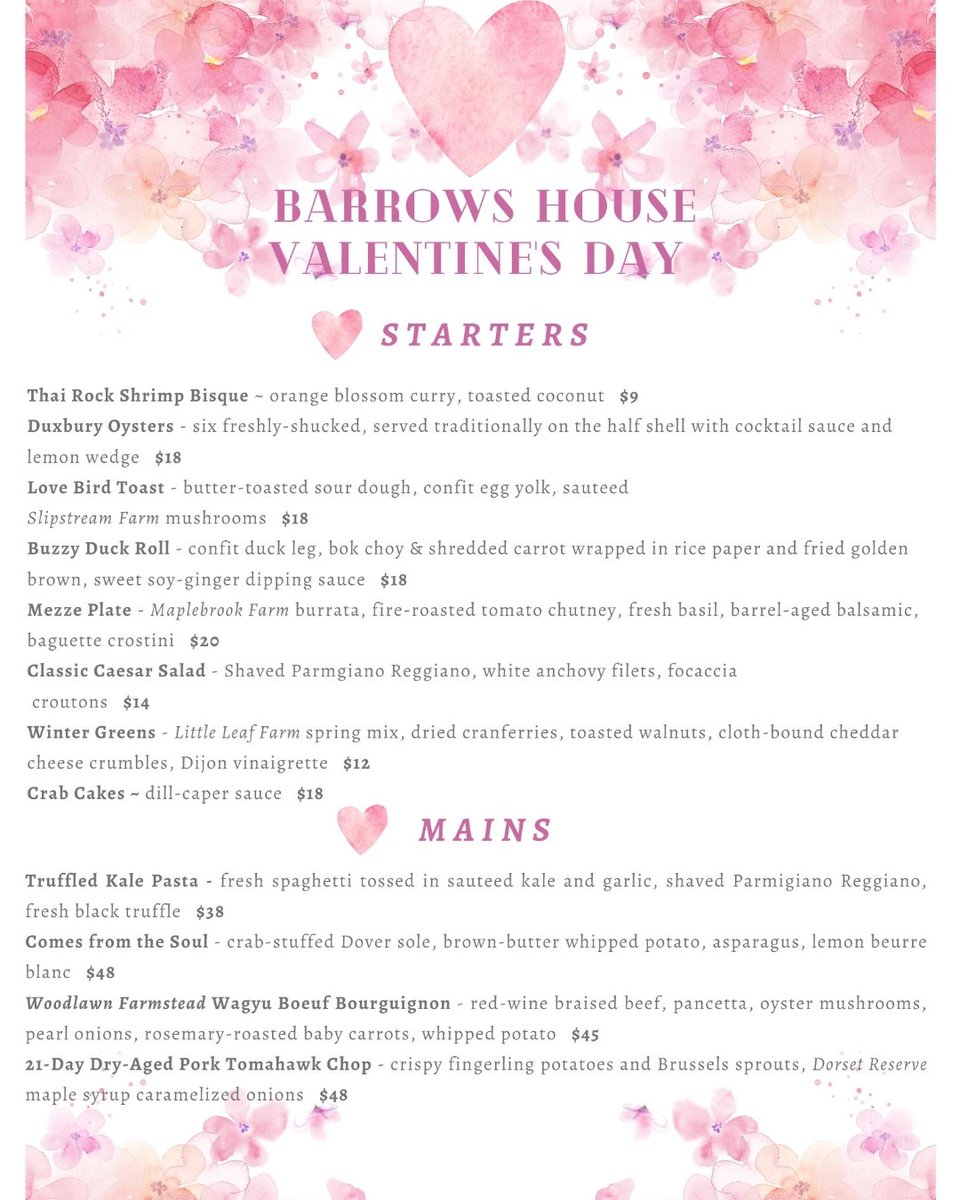 BarrowsHouse's tweet photo. We would love to see you on such a special day! Come celebrate Valentine's Day at Barrows House! Call for reservations 802-867-4455! https://t.co/rLJtNIWjMo