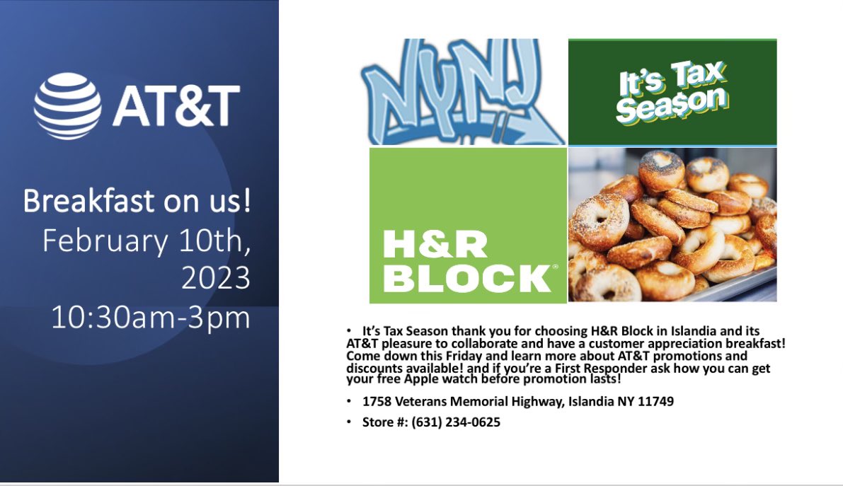 Ana Maria Melendez (@anamelendez1418) on Twitter photo AT&T appreciates our First Responders and wants everyone to come and enjoy a free breakfast on AT&T Islandia!!🥯☕️🚨#NYNJStateofMind <a href="/judy_cavalieri/">Judy Cavalieri</a> <a href="/KirkBailey17/">Kirk Bailey</a> <a href="/Adam_Soltan12/">Adam Soltan</a> <a href="/OneNYNJ/">OneNYNJ</a> AT&T appreciates our First Responders and wants everyone to come and enjoy a free breakfast on AT&T Islandia!!🥯☕️🚨#NYNJStateofMind <a href="/judy_cavalieri/">Judy Cavalieri</a> <a href="/KirkBailey17/">Kirk Bailey</a> <a href="/Adam_Soltan12/">Adam Soltan</a> <a href="/OneNYNJ/">OneNYNJ</a>