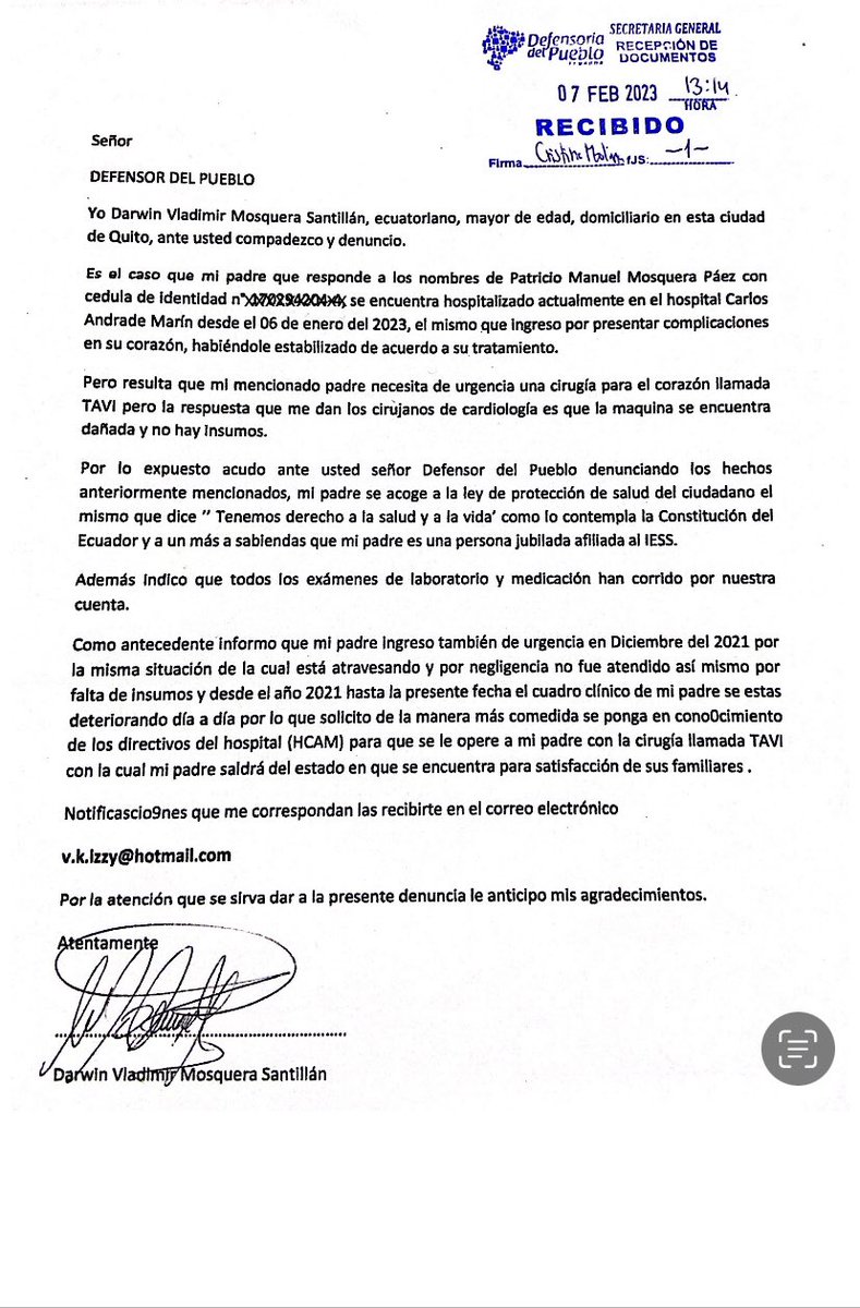 izzy_darwin's tweet photo. Quiero hacer una denuncia pública al @IESSec @LassoGuillermo @Salud_Ec @SaludPublicaEs ya que mi padre Patricio Mosquera se encuentra hospitalizado 33 días en el Hospital Carlos Andrade Marín en espera de una TAVI @MinGobiernoEc acabo de pedir ayuda a la defensoria del pueblo https://t.co/sTiOR4zVhH