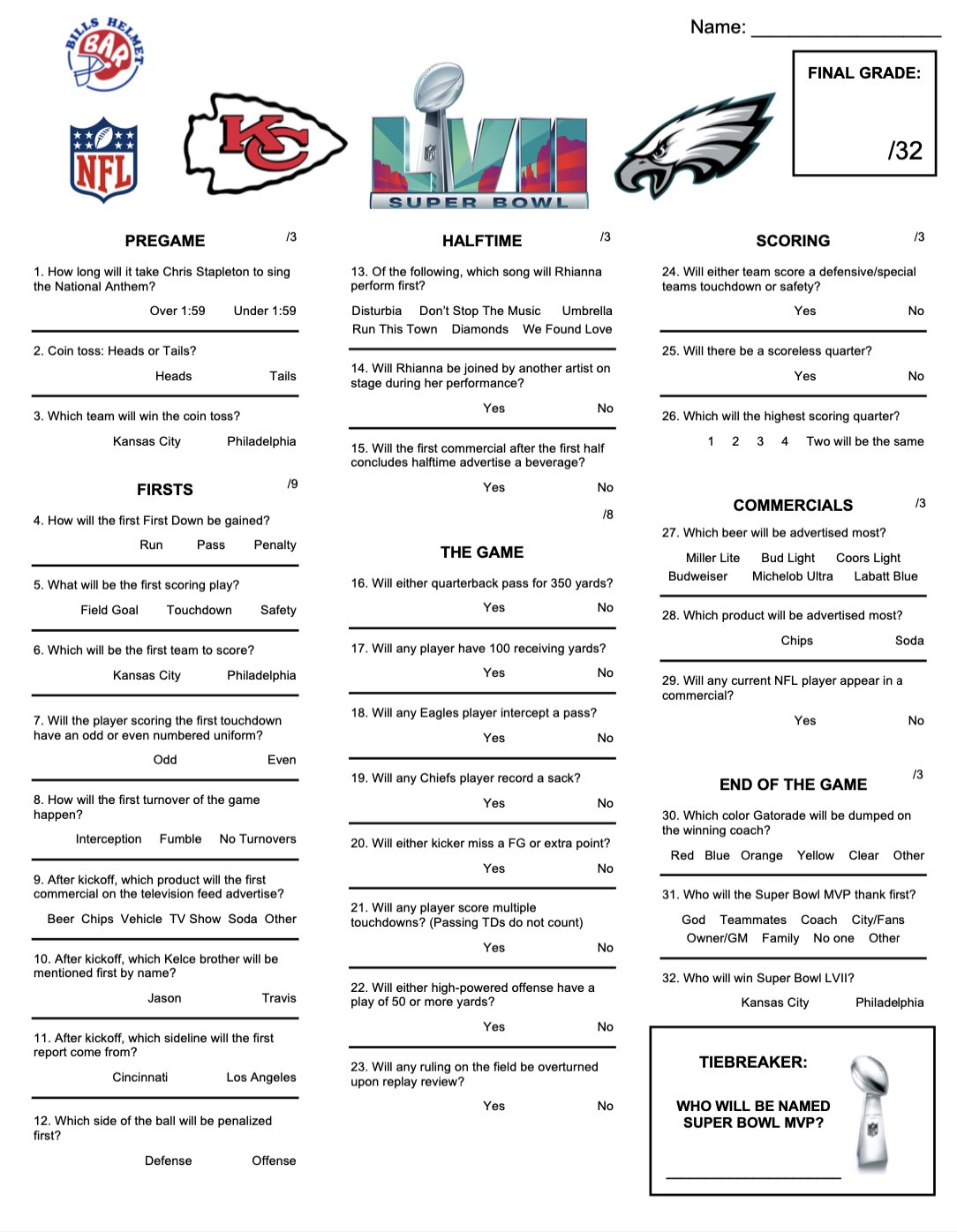 Bills Helmet Bar on X: 'One of my favorite parts of hosting a Super Bowl  party is making the prop bet sheet. It's a bunch of random unimportant  fluff to keep us