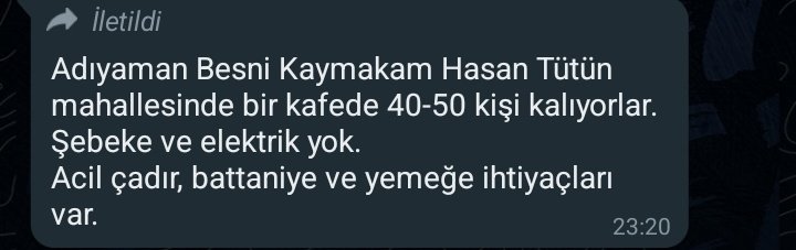 ACİL YARDIM!

ERZAK VE BARINMA YARDIMI 

Kaymakam Hasan Tütün Mahallesi
Besni/Adıyaman 
<a href="/AFADAdiyaman/">AFAD Adıyaman🇹🇷</a> <a href="/AFADBaskanlik/">AFAD</a> <a href="/ahbap/">Ahbap</a> <a href="/DepremDairesi/">AFAD Deprem</a>