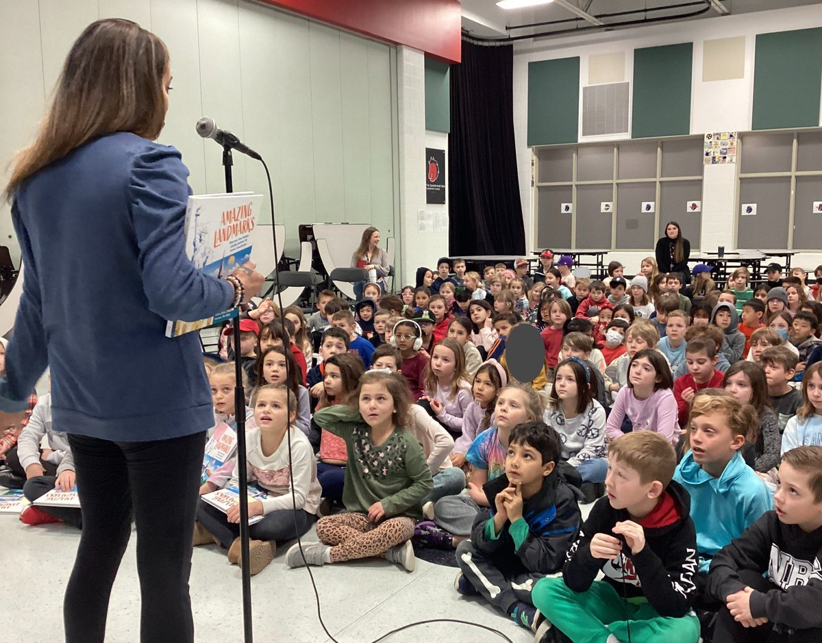 NBSLibrary's tweet photo. So grateful to have Rekha S. Rajan at NBS today, teaching students about writing, growth mindset, and Amazing Landmarks!  Can't wait to read more of the book.  #coltpride @nbes220 https://t.co/ydwORDhAij
