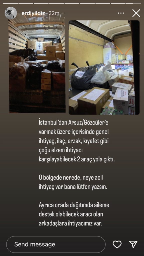 dnz_aksoy's tweet photo. Deprem bölgesi arsuz/gözcülere varmak üzere yardım malzemesi taşıyan 2 araç yola çıktı. O bölgede olanlar @erdiiyldz arkadaşımla iletişime geçebilirler. İhtiyaç sahiplerine daha hızlı ulaşması için bu tiviti paylaşır mısınız ? @hakasikci @hindukbiri @fuzefuze @cihatakbel https://t.co/OLjhPilUPm