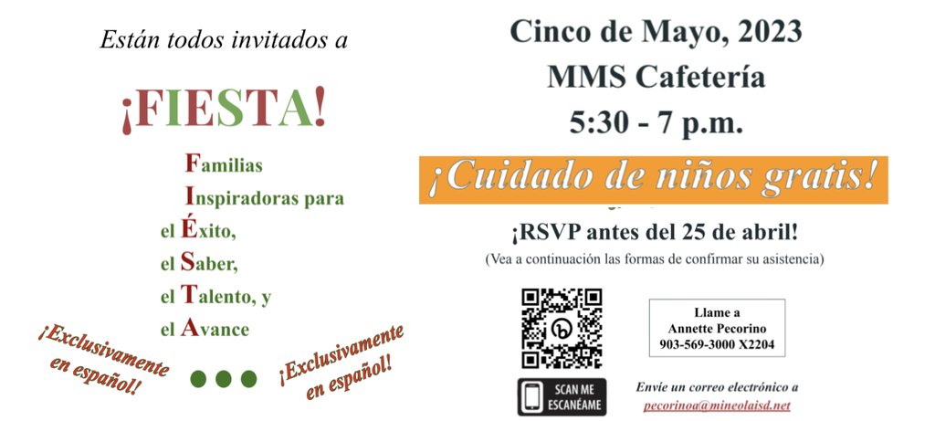 mineolaelem's tweet photo. Están todos invitados a
¡FIESTA! Familias Inspiradoras para el Éxito, el Saber, el Talento, y el Avance
Cinco de Mayo, 2023
MMS Cafetería
5:30 - 7 p.m.

más información:  https://t.co/sTU7MhMfjD https://t.co/W12Ls1eV0d