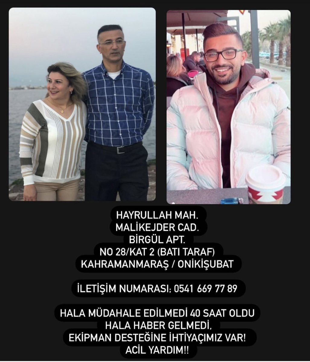 HALA MÜDAHALE EDİLMEDİ 40 SAAT OLDU
HALA HABER GELMEDİ, 
EKİPMAN DESTEĞİNE İHTİYAÇIMIZ VAR!  
ACİL YARDIM!! 

<a href="/OguzhanUgur/">Oğuzhan Uğur</a> <a href="/haluklevent/">Haluk Levent ( Ahbap Ekibi )</a> <a href="/AkKahramanmaras/">AK Parti Kahramanmaraş</a> <a href="/AFADTurkiye/">AFAD</a> <a href="/edelendiniz/">KAHRAMANMARAŞ</a> <a href="/ahbap_istanbul/">Ahbap İstanbul</a> <a href="/ahbap/">Ahbap</a> <a href="/selcukktepeli/">Selçuk Tepeli</a> <a href="/ozdenerkus/">Özden Erkuş</a> @FOXhaber