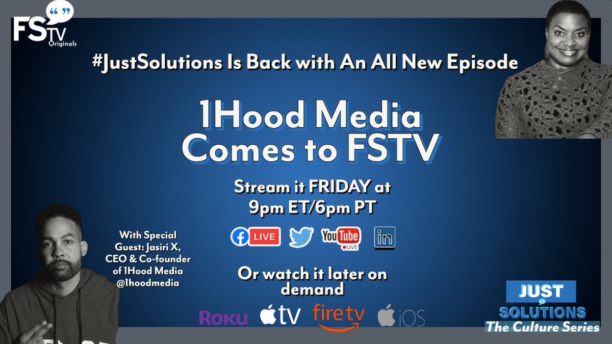 freespeechtv's tweet image. Jasiri X, CEO and Co-founder of @1hood, joins #JustSolutions THIS FRIDAY at 9pm ET/6pm PT.  Be sure to tune in!!!!!