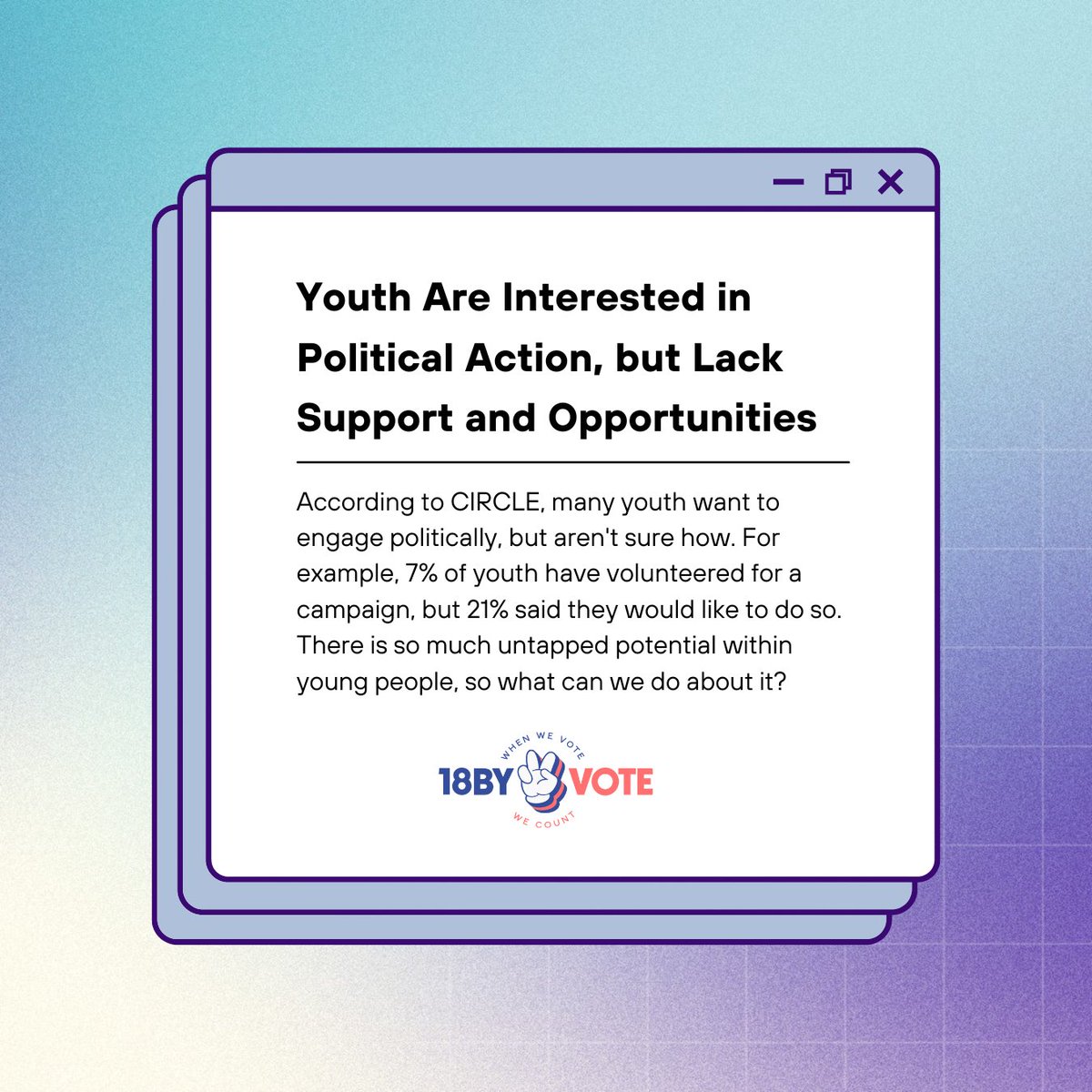 18byvote's tweet photo. Many young people don’t know how to start becoming civically engaged. Here at 18by Vote we are helping out by being a stepping stone for lifelong civic engagement! 

Stay tuned for 18by Vote’s Exploring Youth Engagement Research Fellowship Program! Applications drop Friday 2/17! https://t.co/LJUmvad9uN