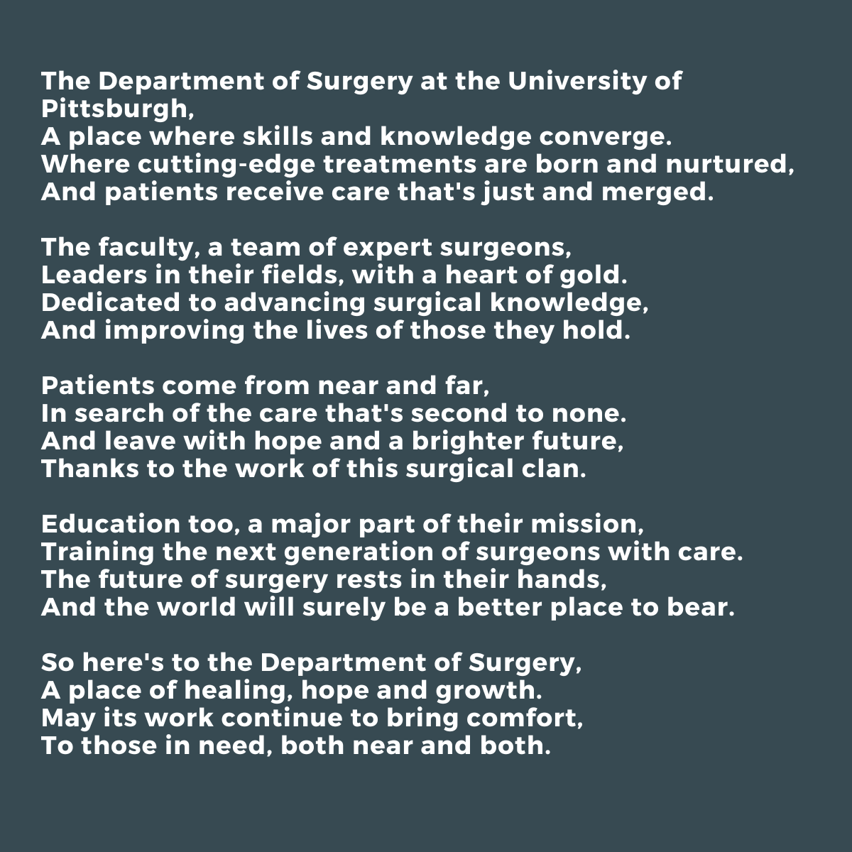 Pitt Surgery (@pittsurgery) on Twitter photo We asked the #ChatGPT to write a poem for us.
<a href="/PittTweet/">University of Pittsburgh</a> <a href="/UPMC/">UPMC</a> <a href="/PittCTSI/">Clinical & Translational Science Institute</a> <a href="/PittPedsSurg/">Pitt Pediatric Surgery</a> <a href="/PittNeurosurg/">Pitt Neurosurgery</a> <a href="/PittEndoSurg/">Pitt Endocrine Surgery</a> <a href="/UPMC_CTSurgery/">Pitt Cardiothoracic Surgery Department</a> We asked the #ChatGPT to write a poem for us.
<a href="/PittTweet/">University of Pittsburgh</a> <a href="/UPMC/">UPMC</a> <a href="/PittCTSI/">Clinical & Translational Science Institute</a> <a href="/PittPedsSurg/">Pitt Pediatric Surgery</a> <a href="/PittNeurosurg/">Pitt Neurosurgery</a> <a href="/PittEndoSurg/">Pitt Endocrine Surgery</a> <a href="/UPMC_CTSurgery/">Pitt Cardiothoracic Surgery Department</a>