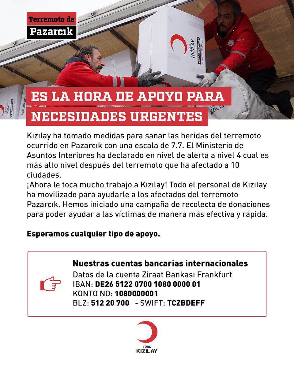 RedCrescent's tweet photo. 🟥 Kızılay ha tomado medidas para sanar las heridas del terremoto ocurrido en Pazarcık con una escala de 7.7. #NotWithoutYou

Esperamos cualquier tipo de apoyo.
 
🔗 https://t.co/7wLHQ4zAwq https://t.co/5hLOOQIO34