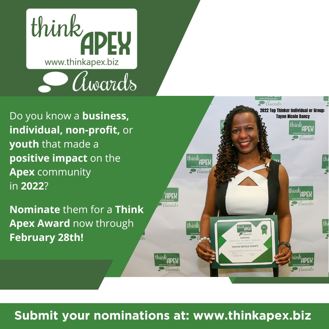 Help us recognize members in our community for their dedicated service to others and the Apex community by nominating them for a Think Apex Award! 
Learn more and submit your nominations for the 2023 Think Apex Awards at: thinkapex.biz